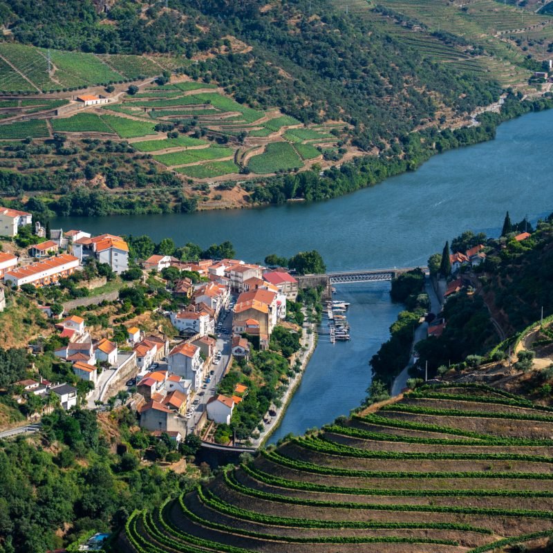 Pinhão village is beautifully situated by the Tua River, which leads to the Douro River, with its port and a bridge, surrounded by terraced vineyards